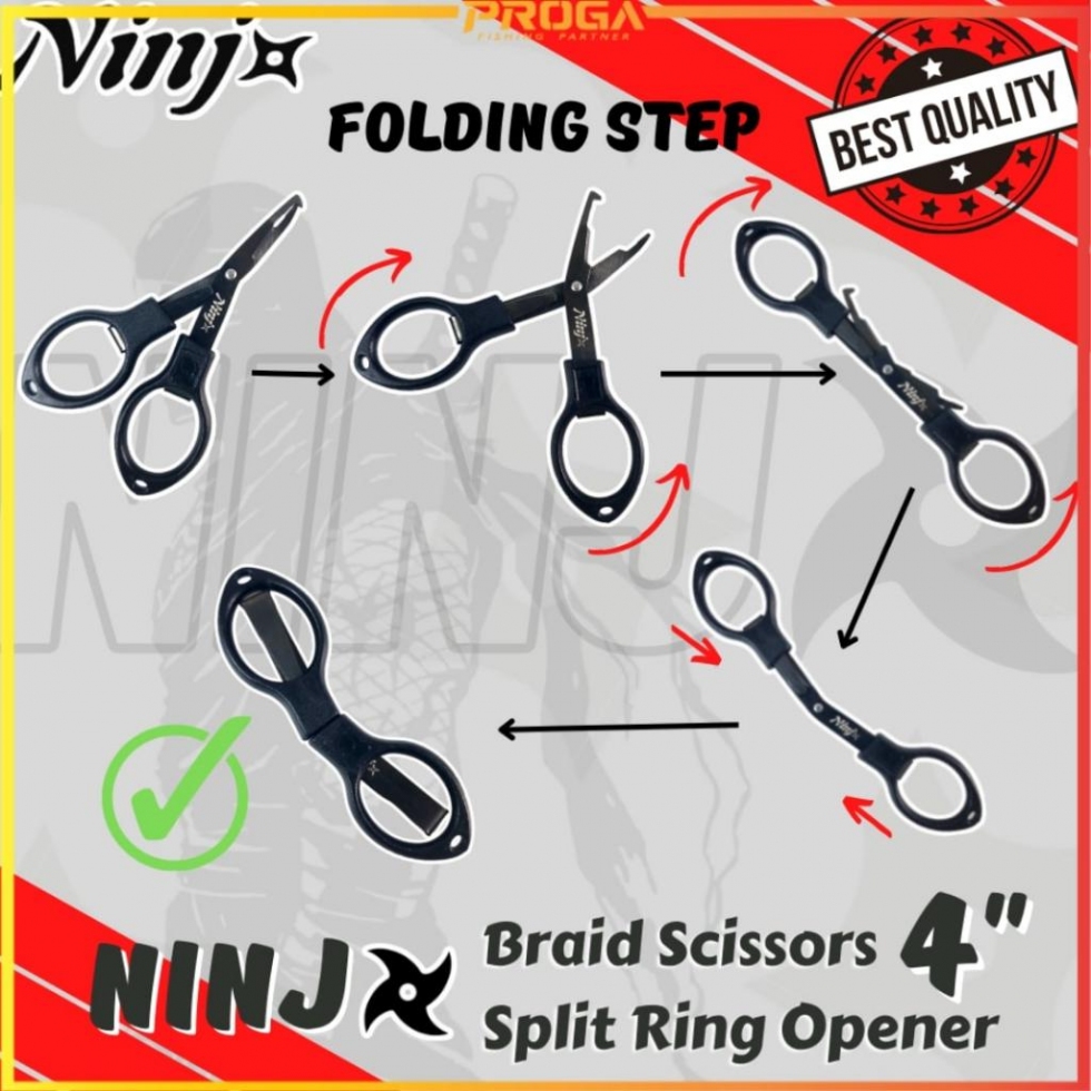 NINJ NJ8010 Folding Braid Fishing Scissors with Split Ring Opener 4″