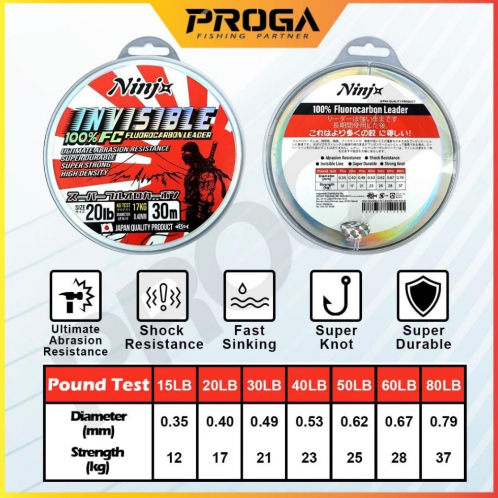 NINJx INVISIBLE FLUOROCARBON 100% FISHING LEADER LINE 30M (JAPAN MATERIAL & QUALITY)