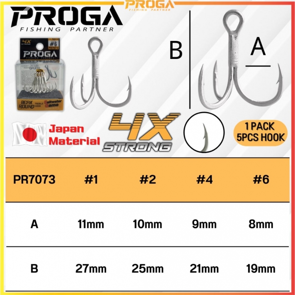 PROGA PR7063/PR7073 3X/4X Strong Beak Round Fishing Treble Hook MATA TIGA