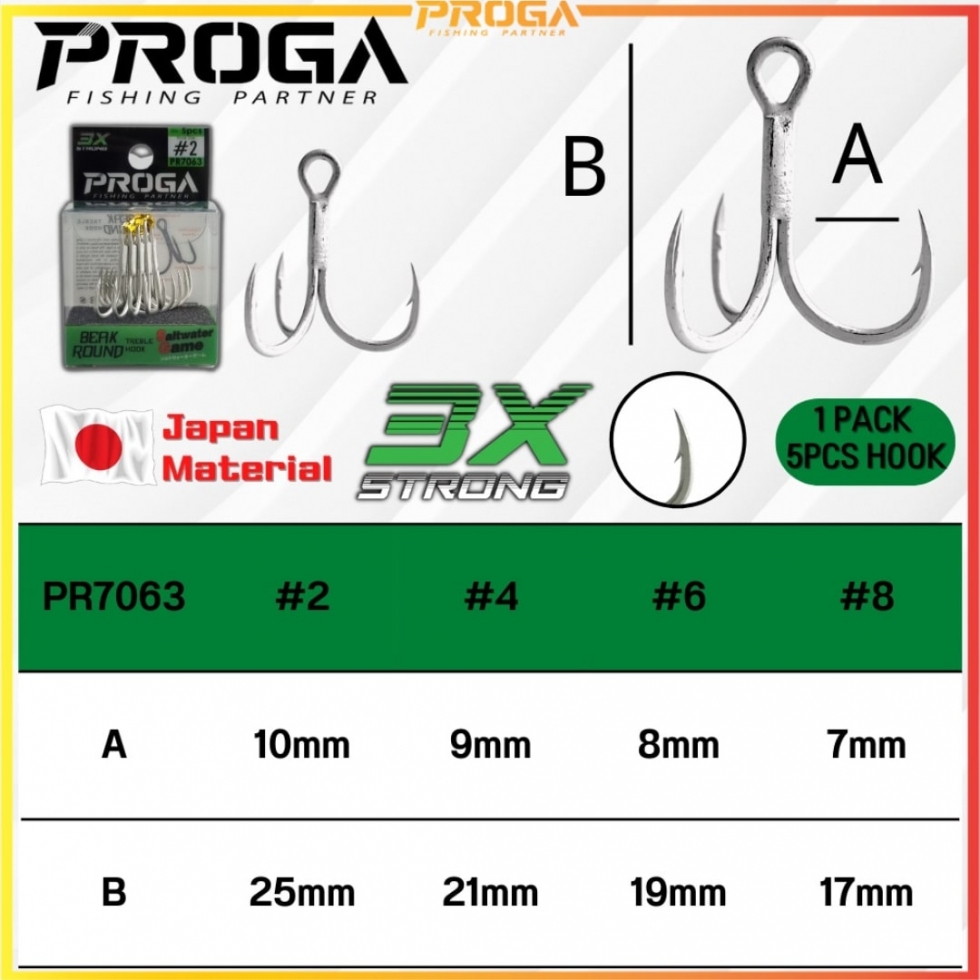 PROGA PR7063/PR7073 3X/4X Strong Beak Round Fishing Treble Hook MATA TIGA