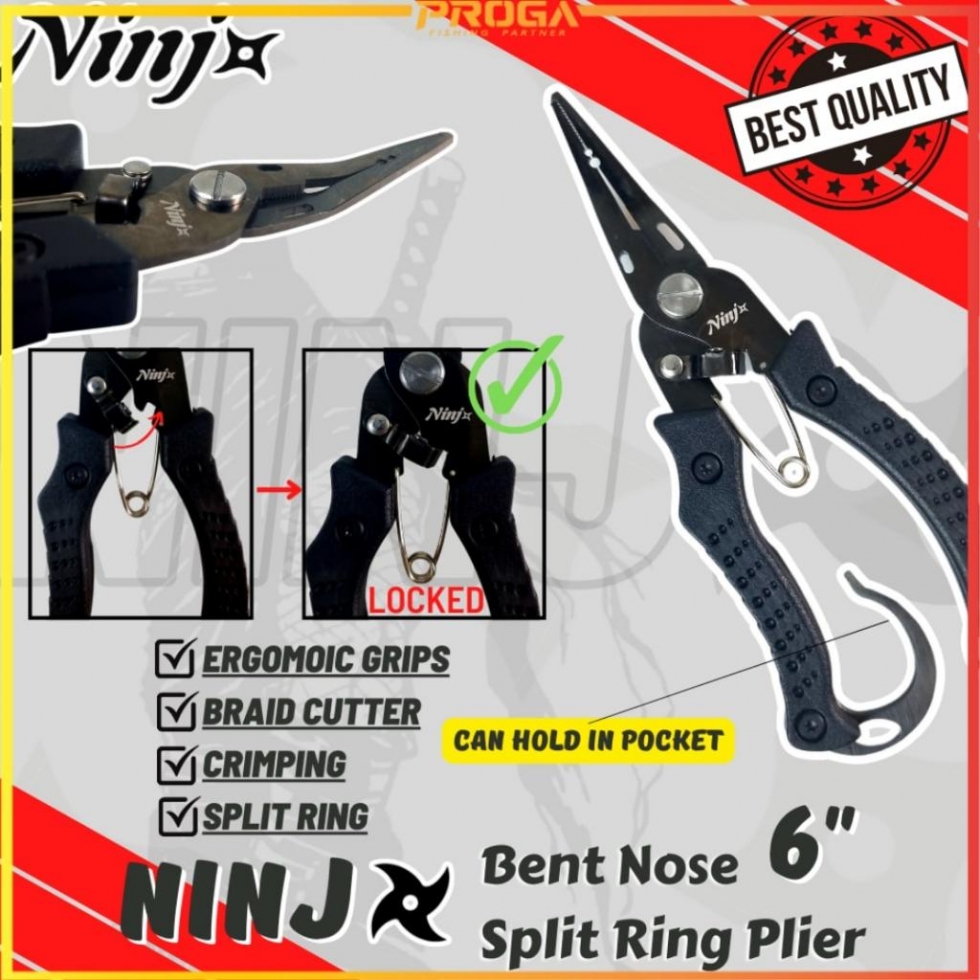 NINJ NJ8009 Bent Nose Split Ring Fishing Plier 6″ – Black